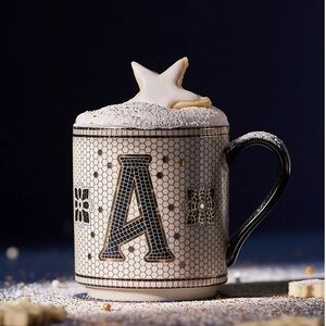 📌 Anthropologie “J” Bistro Tile Stoneware Mug Monogram Edition Black  Gold “J”